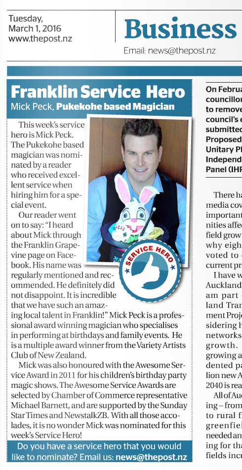 Auckland Magician Mick Peck Franklin Service Hero Mick Peck Magic