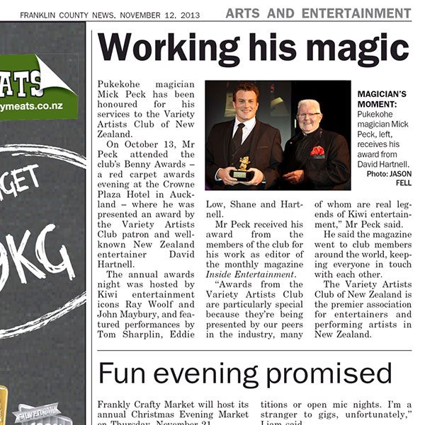 Mick Peck with Variety Artists Club of New Zealand Patron David Hartnell, 2013