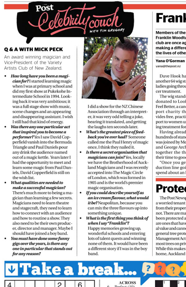 Magician Mick Peck in the Press : Celebrity Corner Q+A in Auckland newspaper