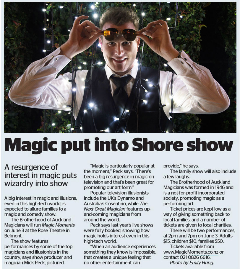 Auckland Magician Mick Peck photograph in the North Shore Times June 2017