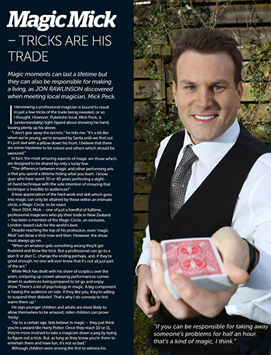 Auckland Magician Mick Peck magazine story : "Mick Peck Tricks Are His Trade" October 2017