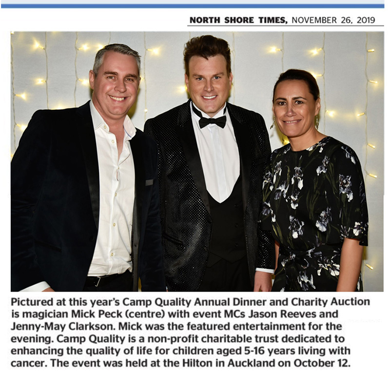 Auckland Magician Mick Peck with Jason Reeves and Jenny-May Clarkson, Camp Quality dinner 2019