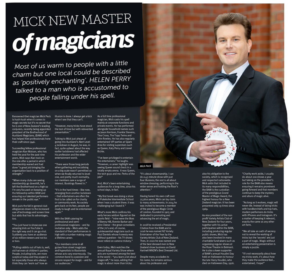 EastLife article on Auckland Magician Mick Peck with photograph