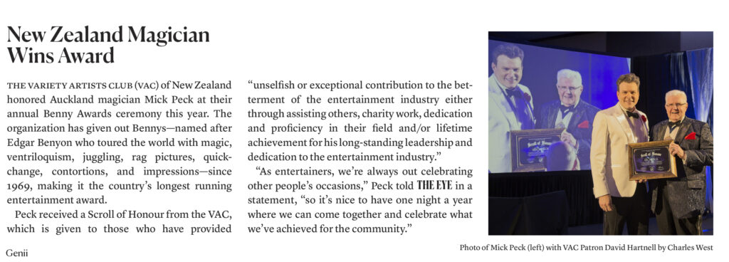 Auckland magician Mick Peck article in Genii Magic Magazine