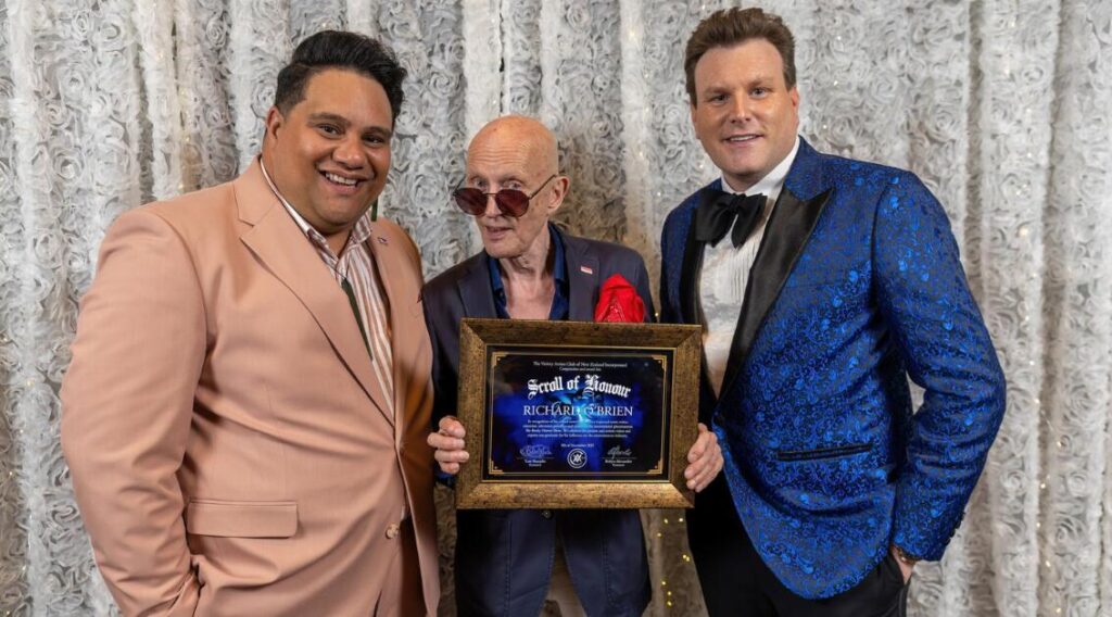 Auckland magician Mick Peck with Rutene Spooner and Richard O'Brien, Variety Artists Club Awards